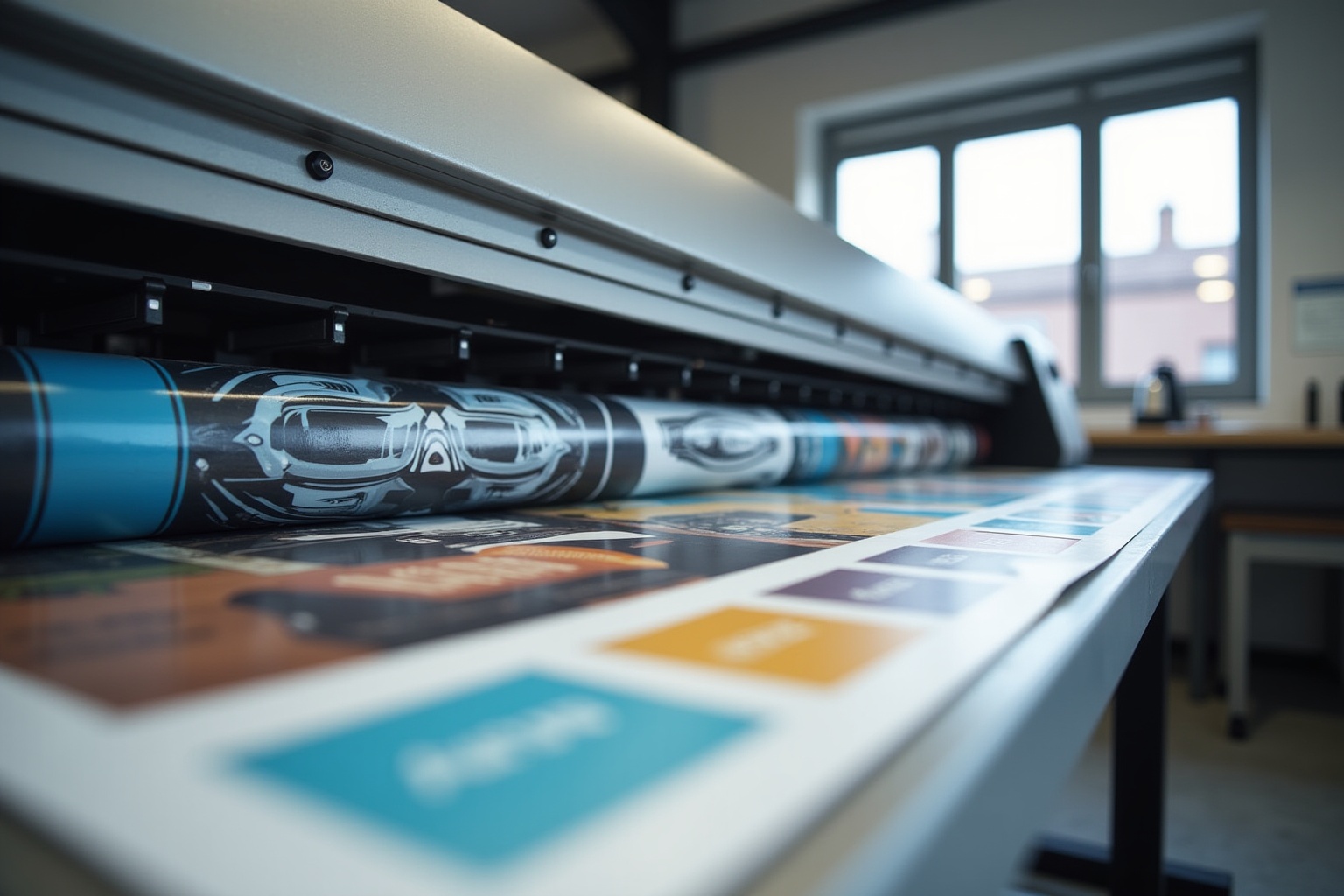 Imprimante grand format avec impression de graphiques colorés.