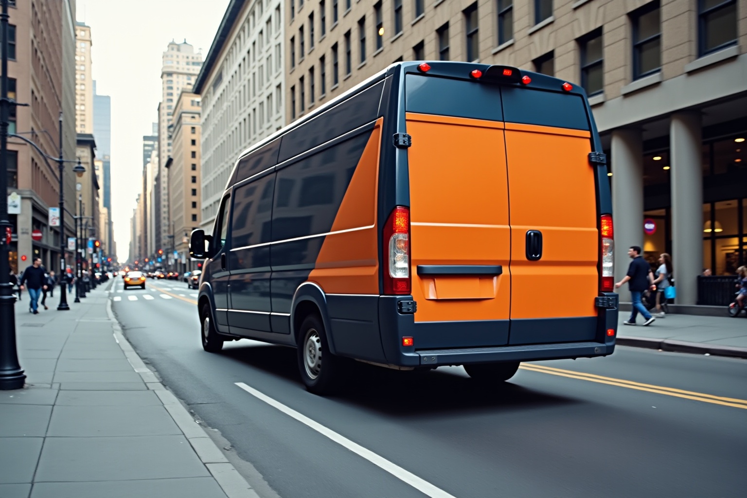 Van de livraison orange sur une rue de ville animée.