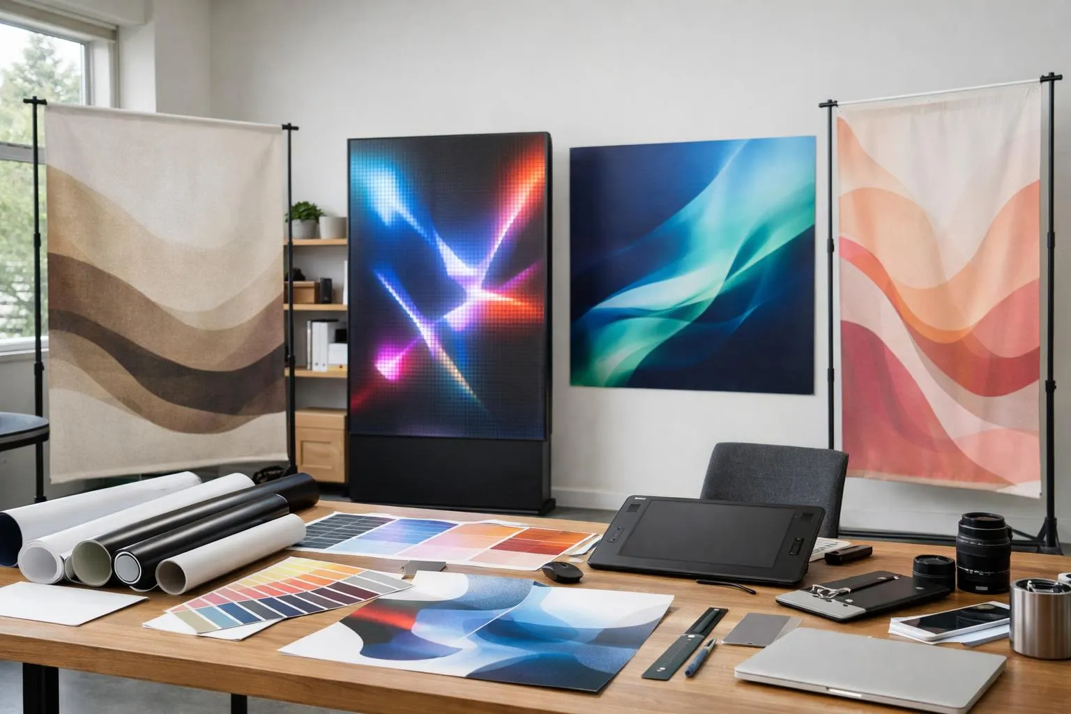 Espace de travail créatif avec écrans, tablette graphique et accessoires de conception.
