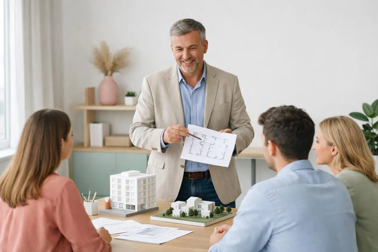 Homme d'affaires présentant un plan architectural à ses clients.