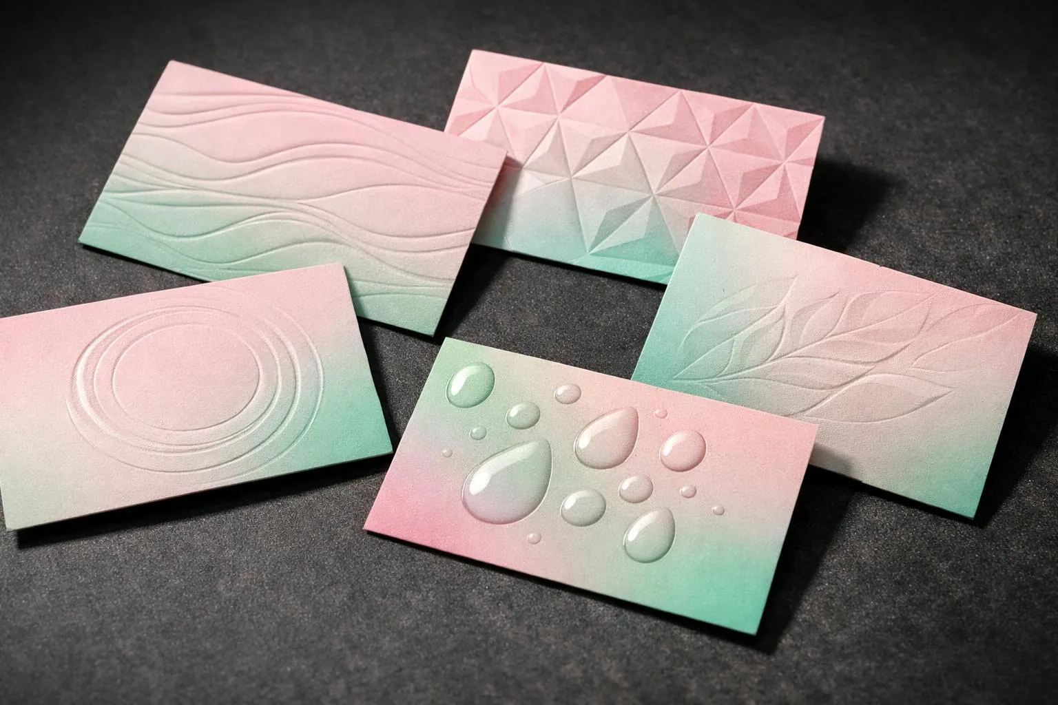 Cartes de visite texturées avec motifs géométriques et gouttes d'eau.