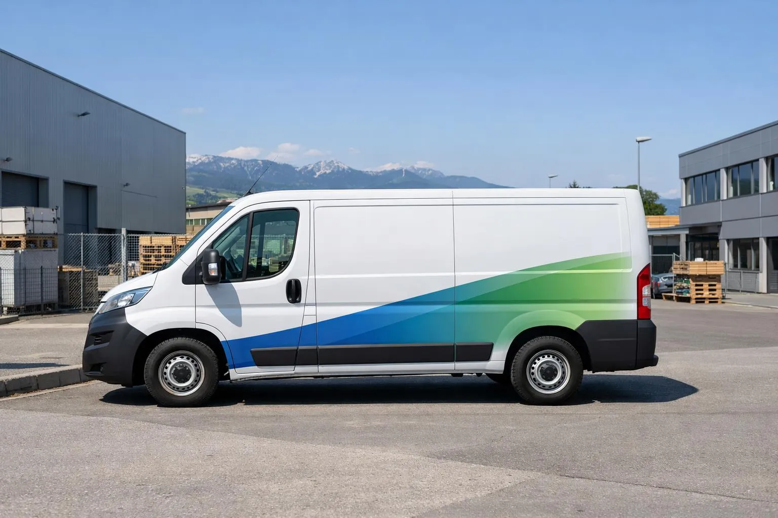Fourgon utilitaire blanc avec graphiques bleus et verts sur le côté.