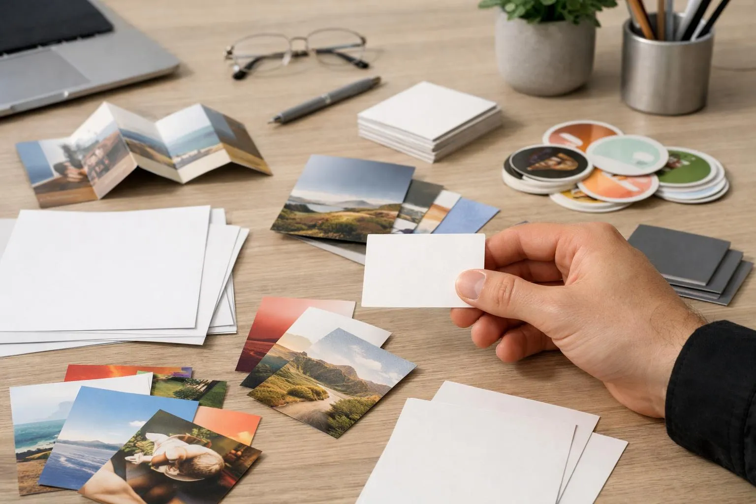 Bureau de travail avec photos, papiers et matériel de bureau.