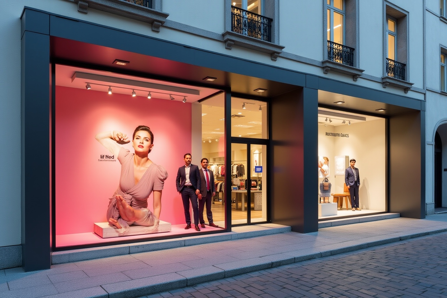 Vitrine de magasin de mode avec mannequin féminin en tenue élégante.