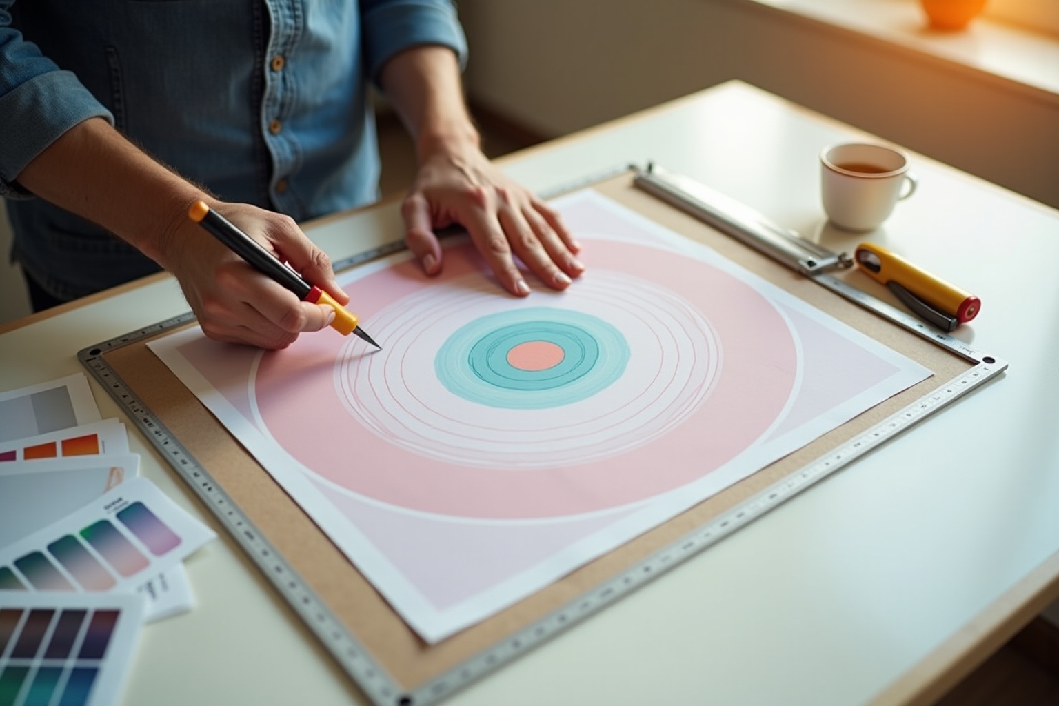 Mains dessinant un diagramme cible sur une feuille de papier avec des outils de conception.