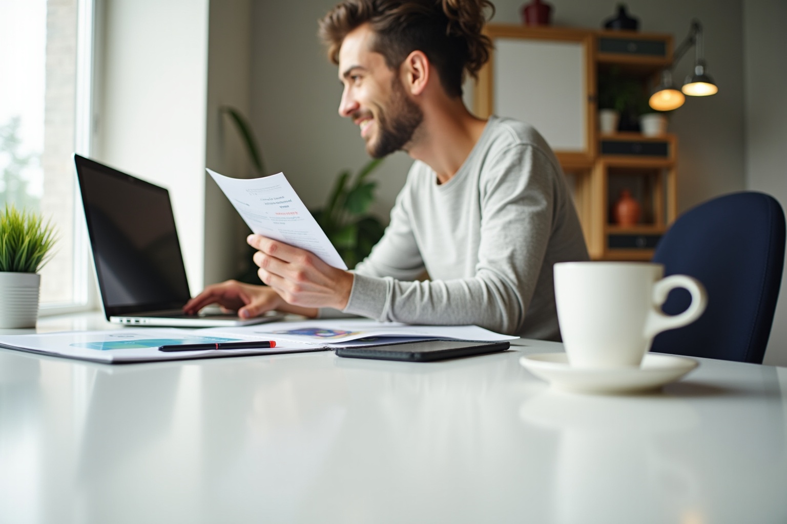 Homme travaillant sur un ordinateur portable dans un bureau à domicile.