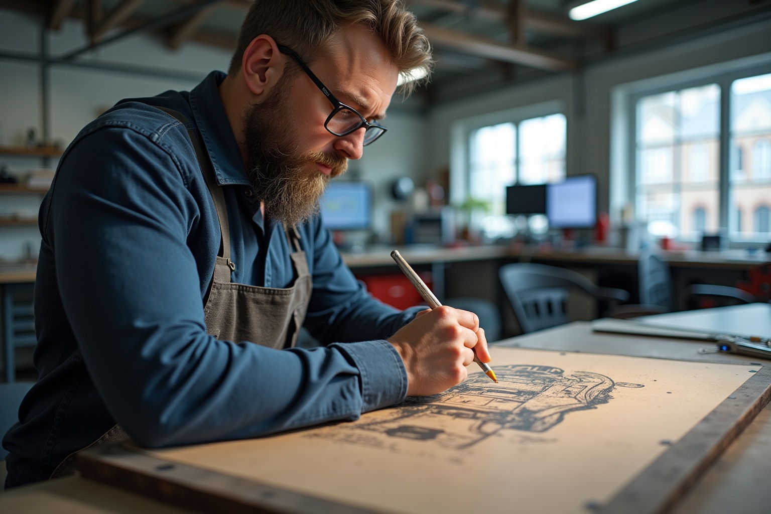 Homme barbu concentré sur un dessin dans un atelier créatif.