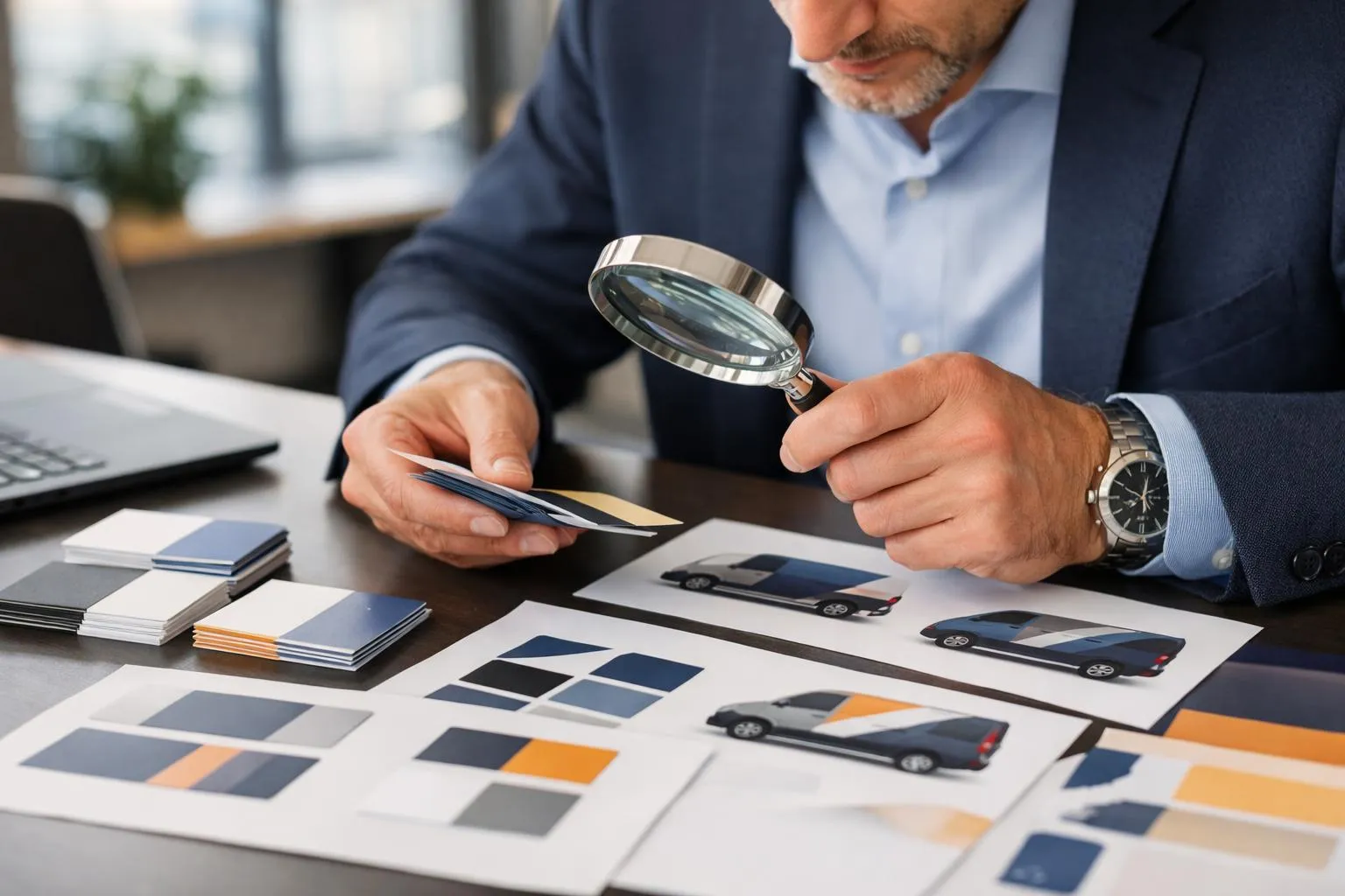 Homme d'affaires examinant attentivement des images de voitures avec une loupe.