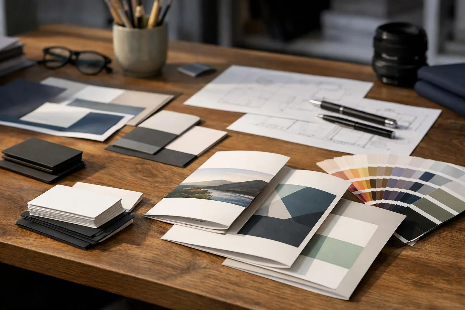 Bureau de designer avec échantillons de couleurs et croquis.