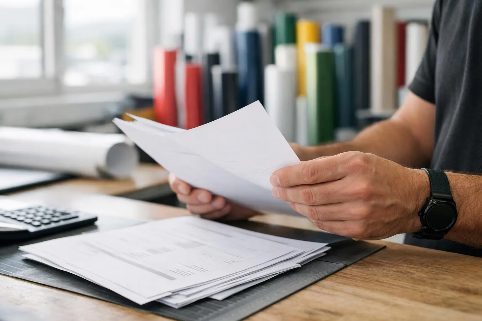 Mains tenant des documents sur un bureau avec des livres en arrière-plan.