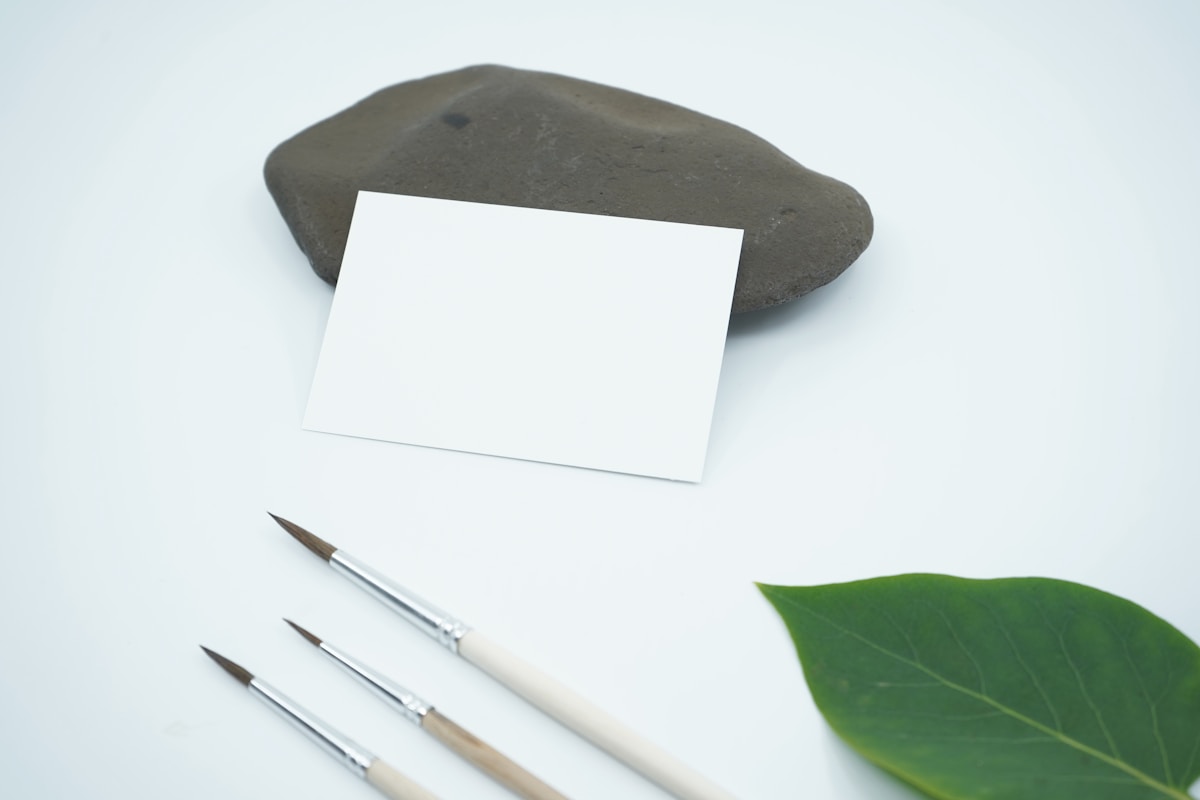 Carte blanche, crayon, feuille verte, pierre grise sur fond blanc.