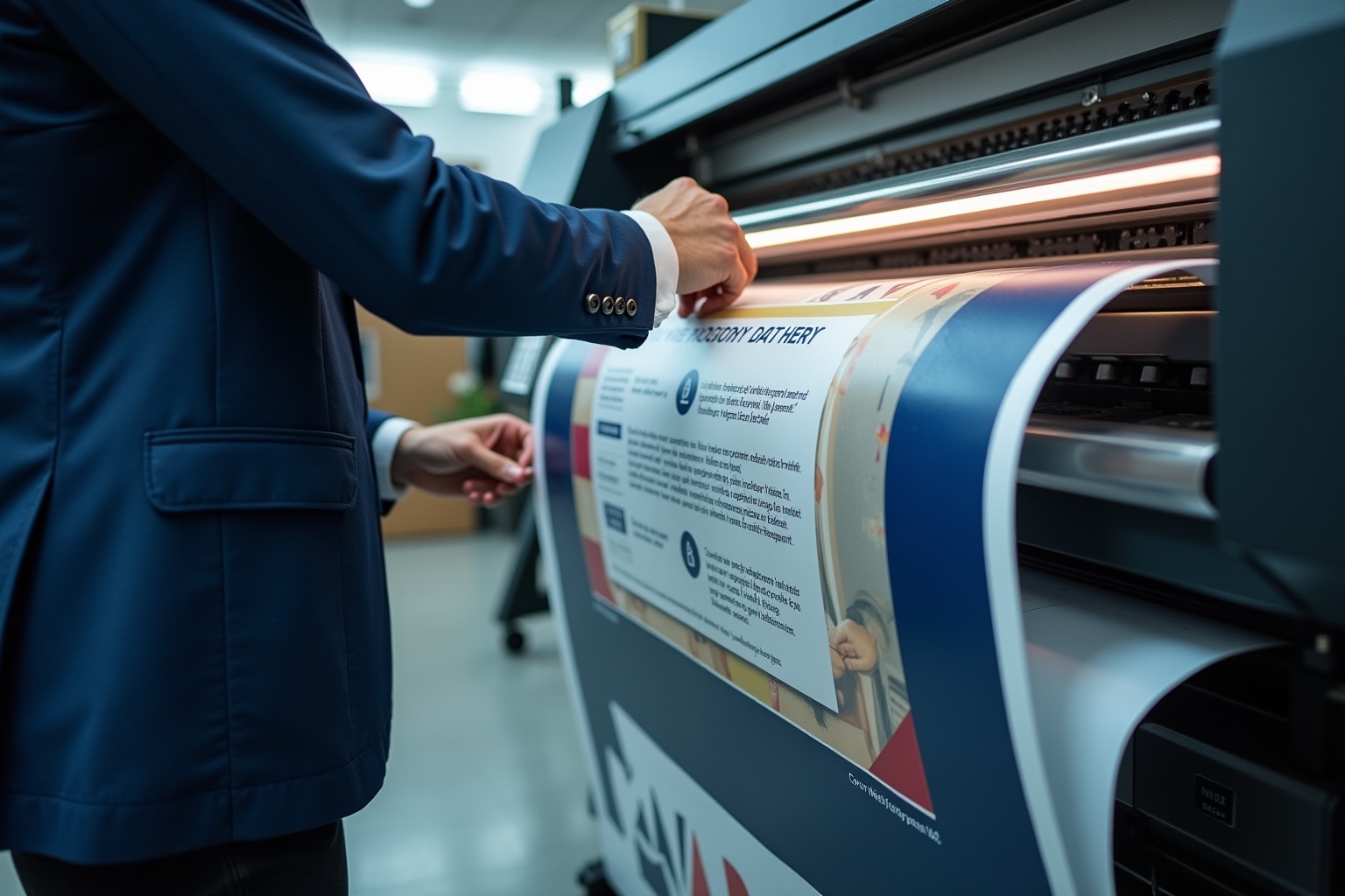 Homme en costume imprimant un document dans une imprimerie.
