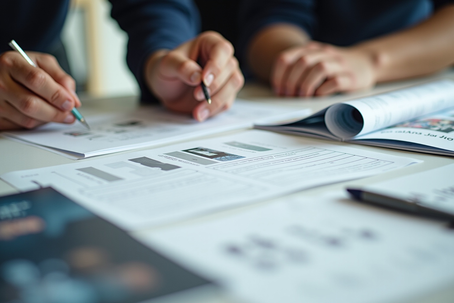 Mains écrivant sur des documents avec des graphiques et des stylos.