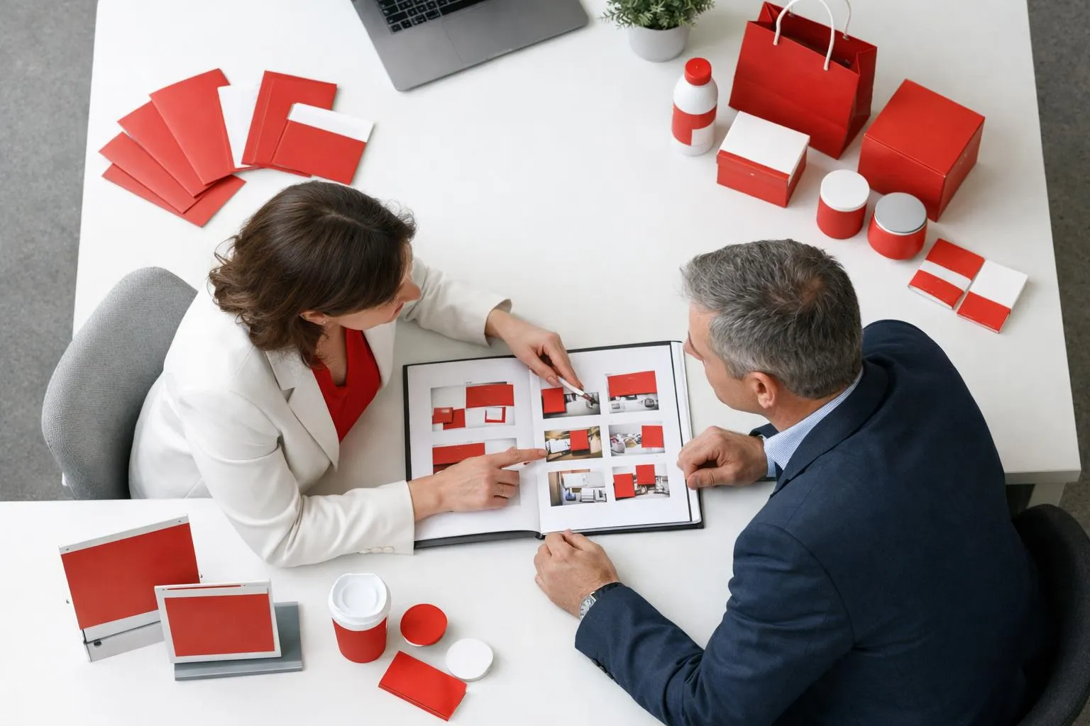 Deux personnes discutent d'un projet de design d'intérieur avec des éléments rouges.