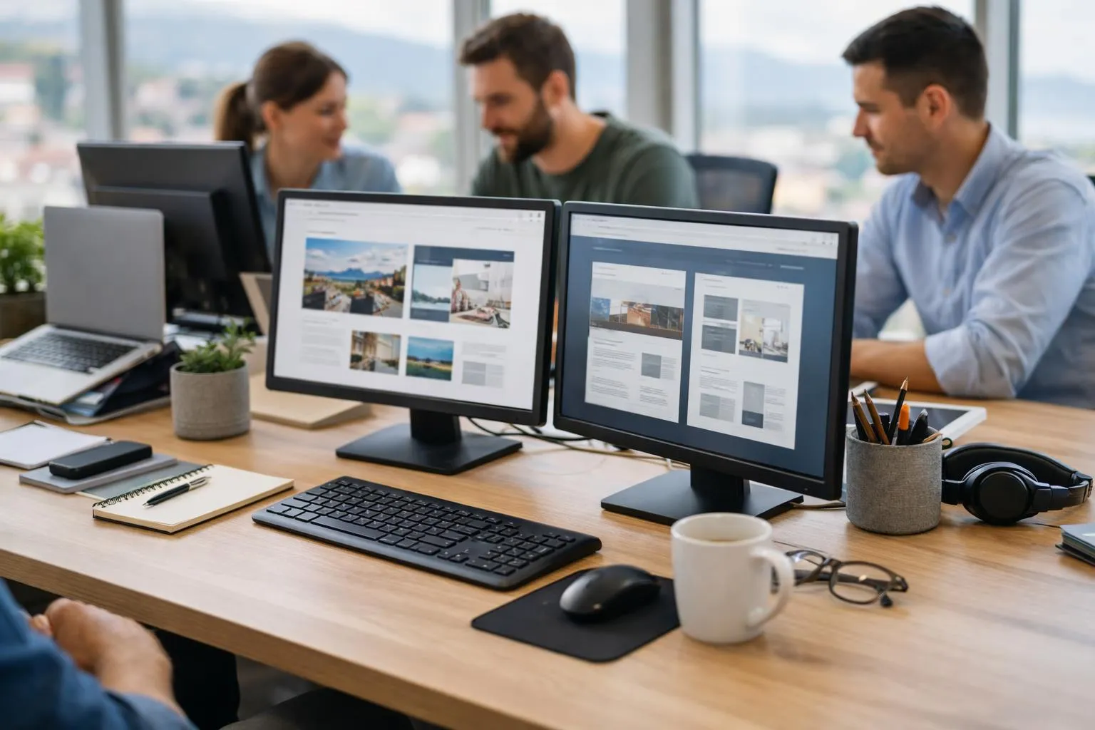 Équipe de professionnels collaborant sur des projets informatiques dans un bureau moderne.