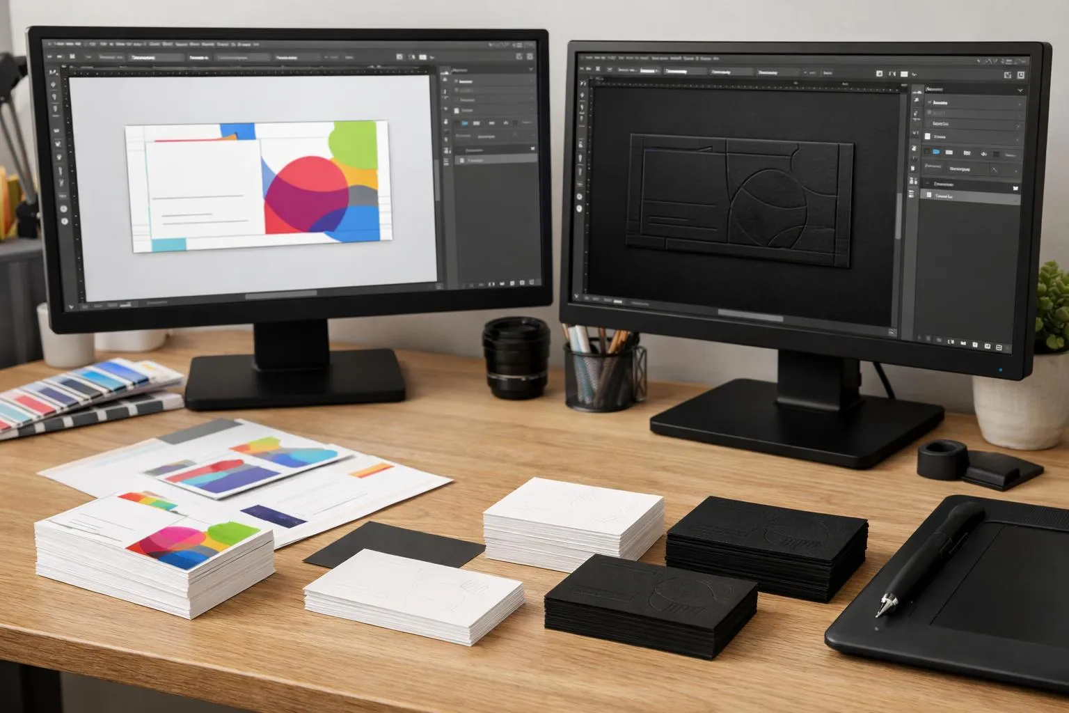 Espace de travail de conception graphique avec écrans d'ordinateurs, outils et échantillons de conception.