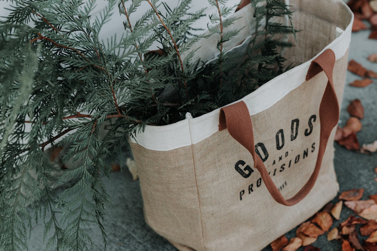 Sac en toile beige avec logo, plantes vertes, feuilles d'automne.