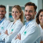 "Équipe de pharmacie en tenue de travail personnalisée, logo flocage, professionnels de santé en environnement réaliste"