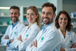 "Équipe de pharmacie en tenue de travail personnalisée, logo flocage, professionnels de santé en environnement réaliste"