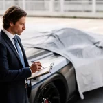 Un homme d'affaires examine une voiture pro avant covering, posant des questions pour ne pas regretter son investissement.