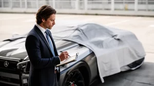 Un homme d'affaires examine une voiture pro avant covering, posant des questions pour ne pas regretter son investissement.