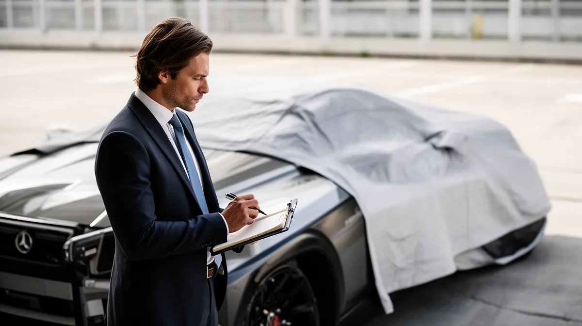 Un homme d'affaires examine une voiture pro avant covering, posant des questions pour ne pas regretter son investissement.