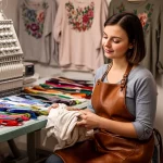 "Femme en train de broder un vêtement avec une machine électronique dans un atelier textile professionnel."
