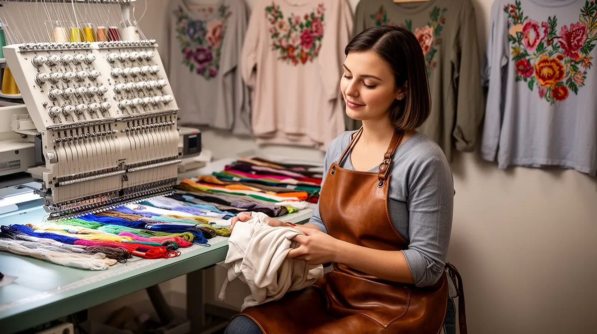 "Femme en train de broder un vêtement avec une machine électronique dans un atelier textile professionnel."