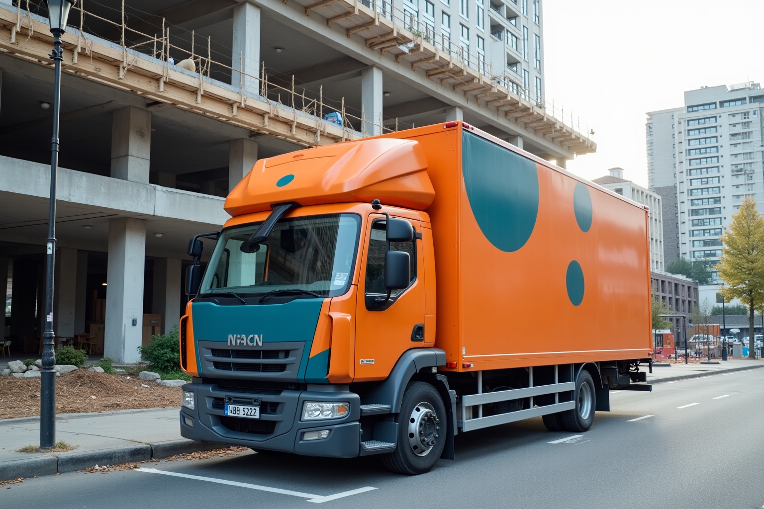 Camion de livraison orange et bleu avec logo NACN.