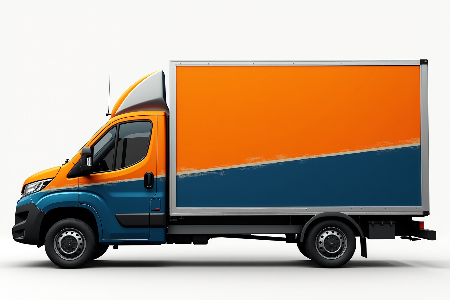Camion de livraison orange et bleu avec remorque.