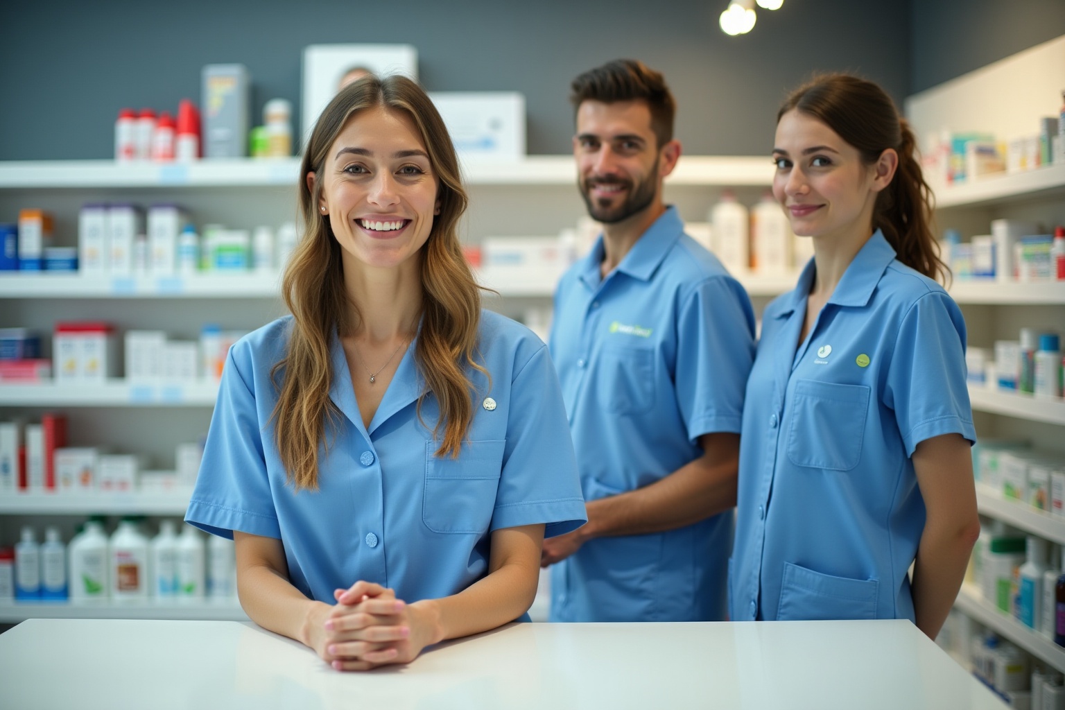 Équipe de pharmaciens souriants en uniforme bleu dans une pharmacie.