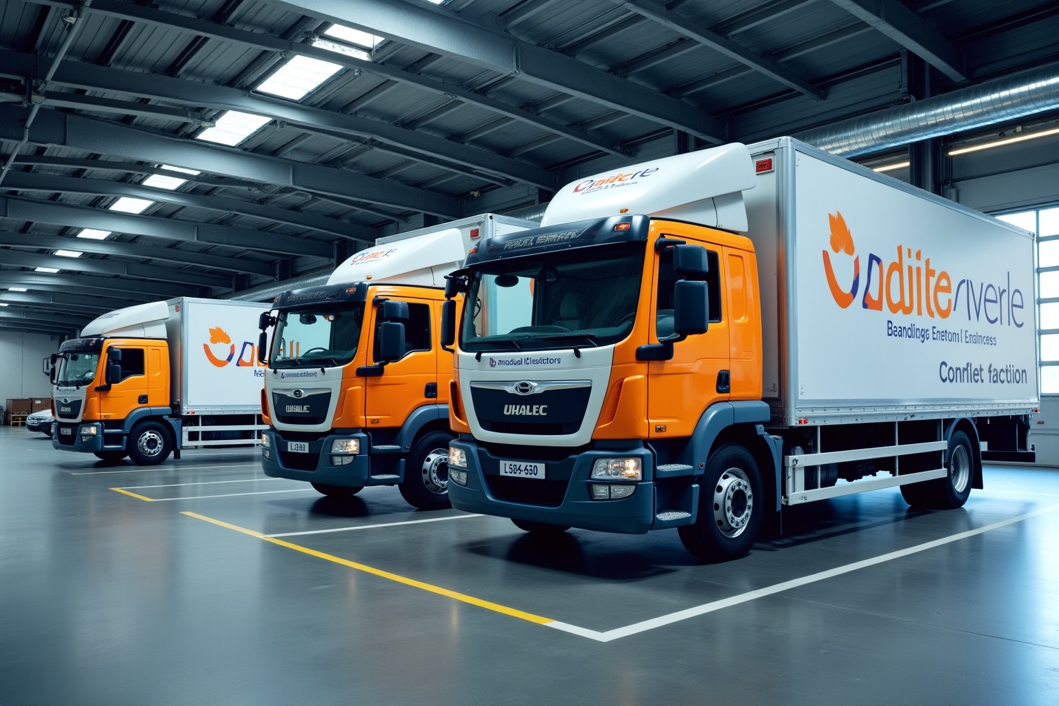 Flotte de camions de livraison orange et blancs de l'entreprise Udite Riverie.