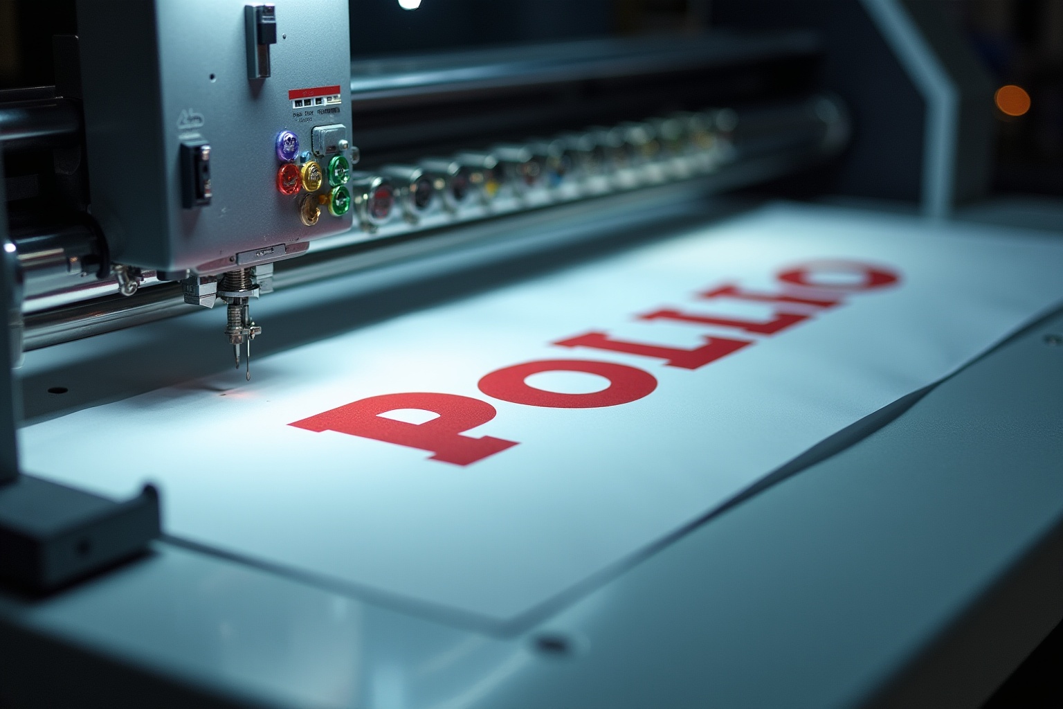 Imprimante numérique haute définition avec texte "Polklio" en rouge.