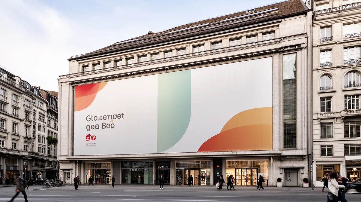 Bâtiment historique avec grande affiche publicitaire colorée.