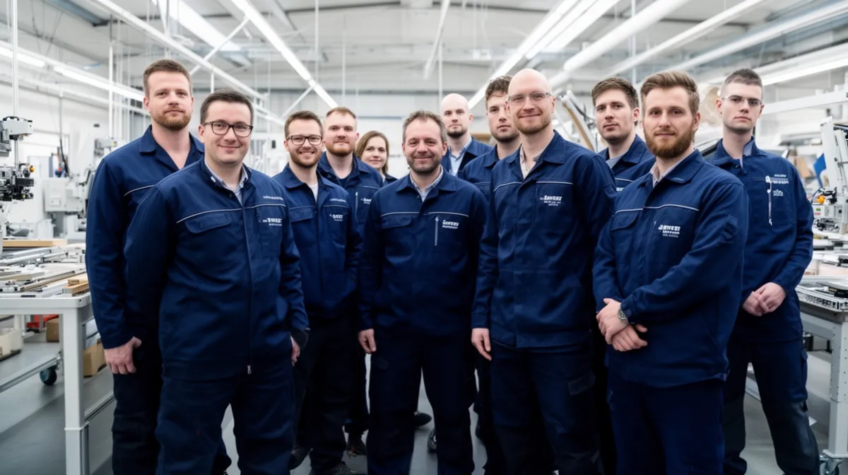 Équipe d'employés en uniforme bleu dans un atelier industriel.