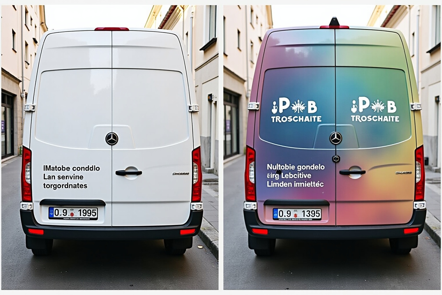 Deux fourgonnettes de livraison avec des logos et des textes en langues différentes.