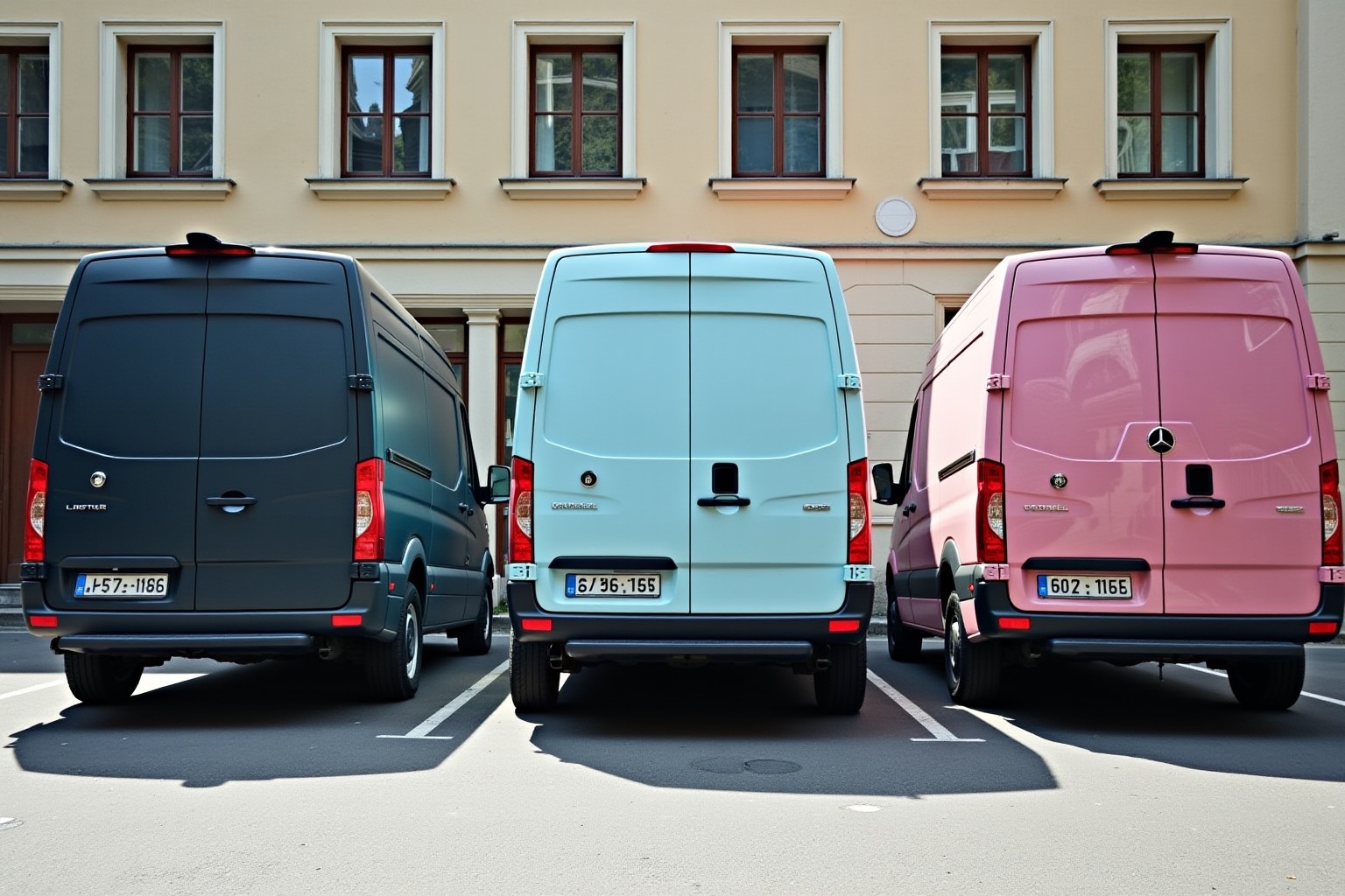 Trois fourgonnettes de livraison de différentes couleurs alignées dans une rue.