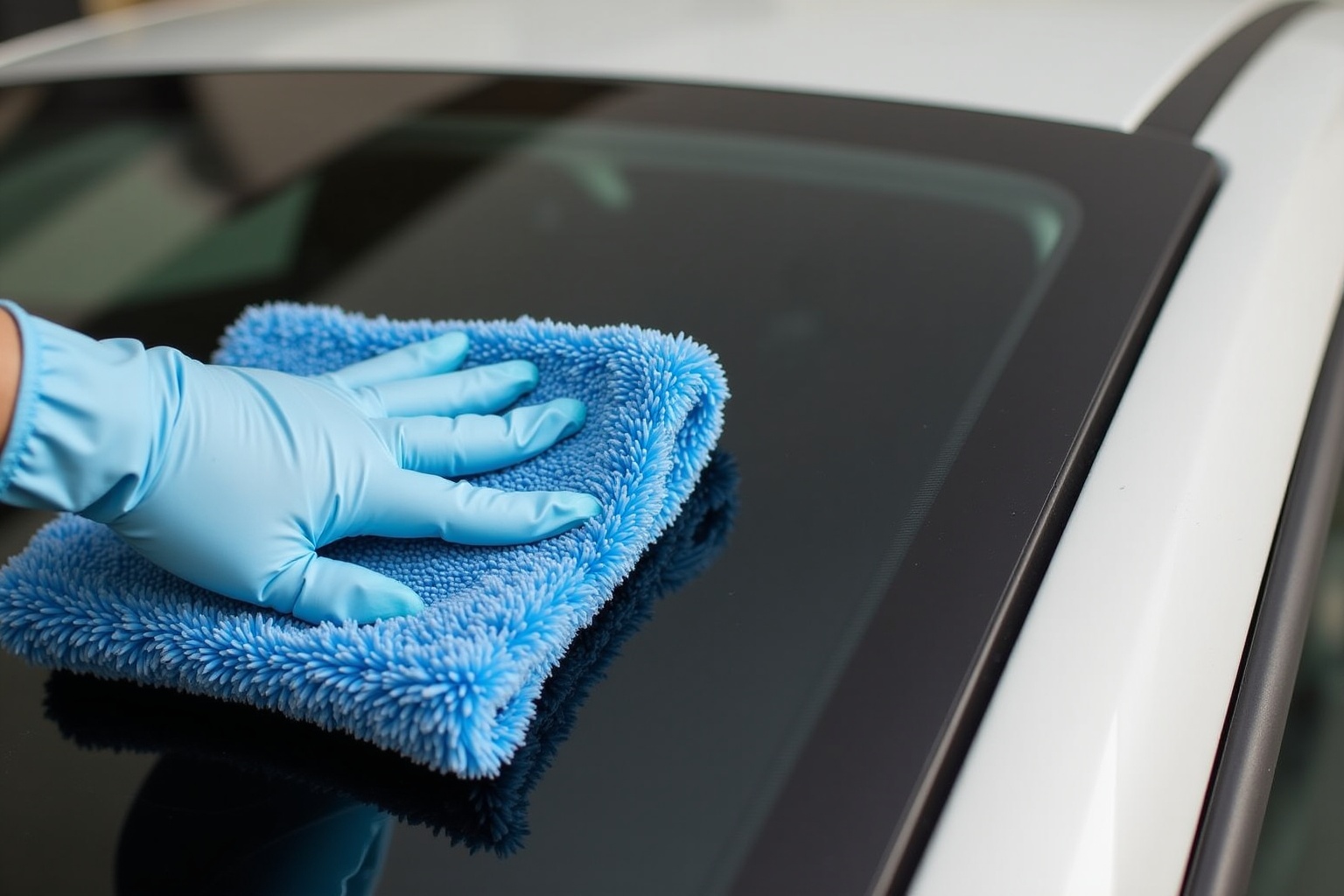 Gants bleus nettoyant une surface en verre sombre.