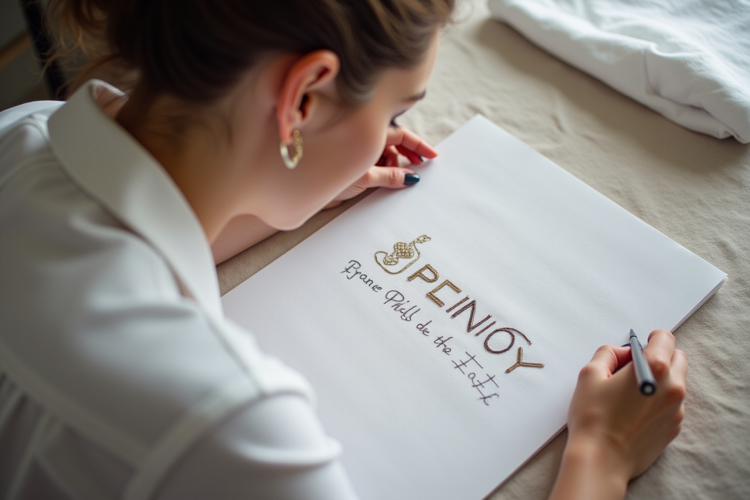 Femme écrivant dans un journal avec le titre "Pension".