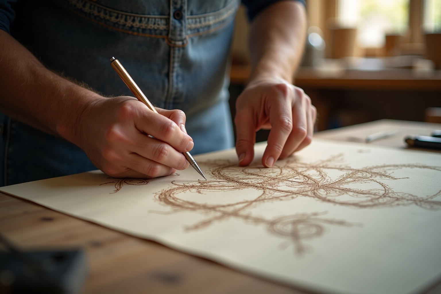 Mains dessinant un motif abstrait sur un papier avec un crayon.