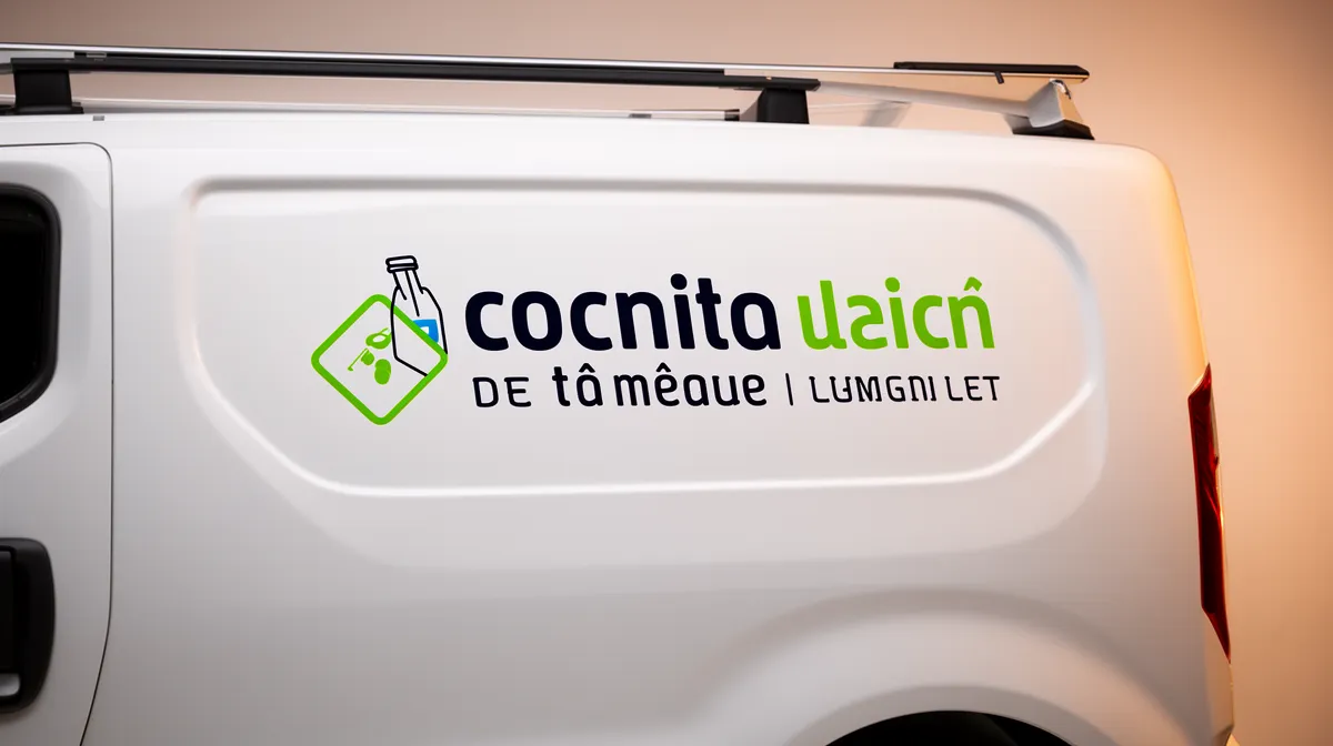 Camionnette blanche avec logo et texte "Cocnita uaicn de ta meque Lumgniet".