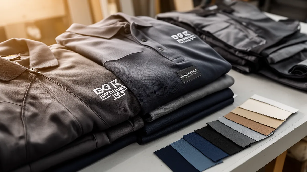 Vêtements de travail noirs avec logo de marque, échantillons de couleurs.