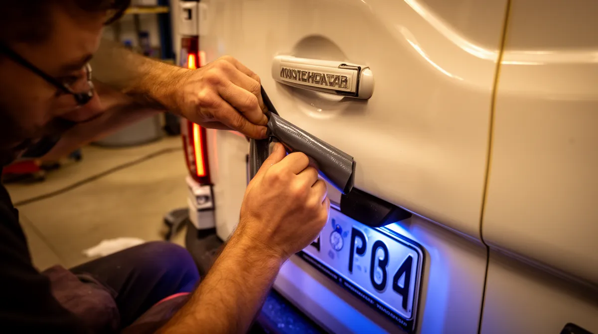 Homme installant un porte-plaque d'immatriculation sur un véhicule.