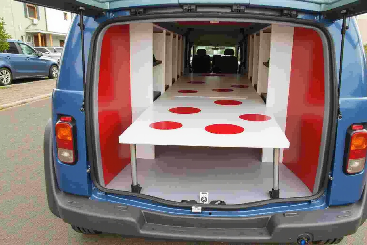 Fourgon aménagé avec table pliante et motifs rouges.