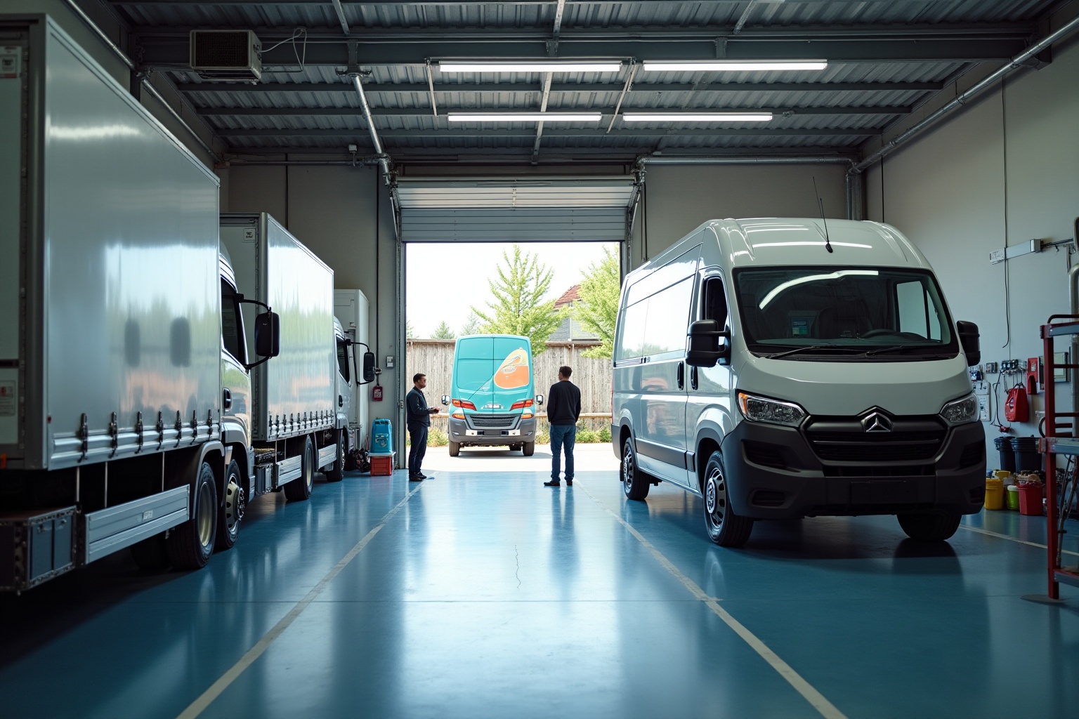 Entrepôt de camions et véhicules commerciaux, personnel travaillant.