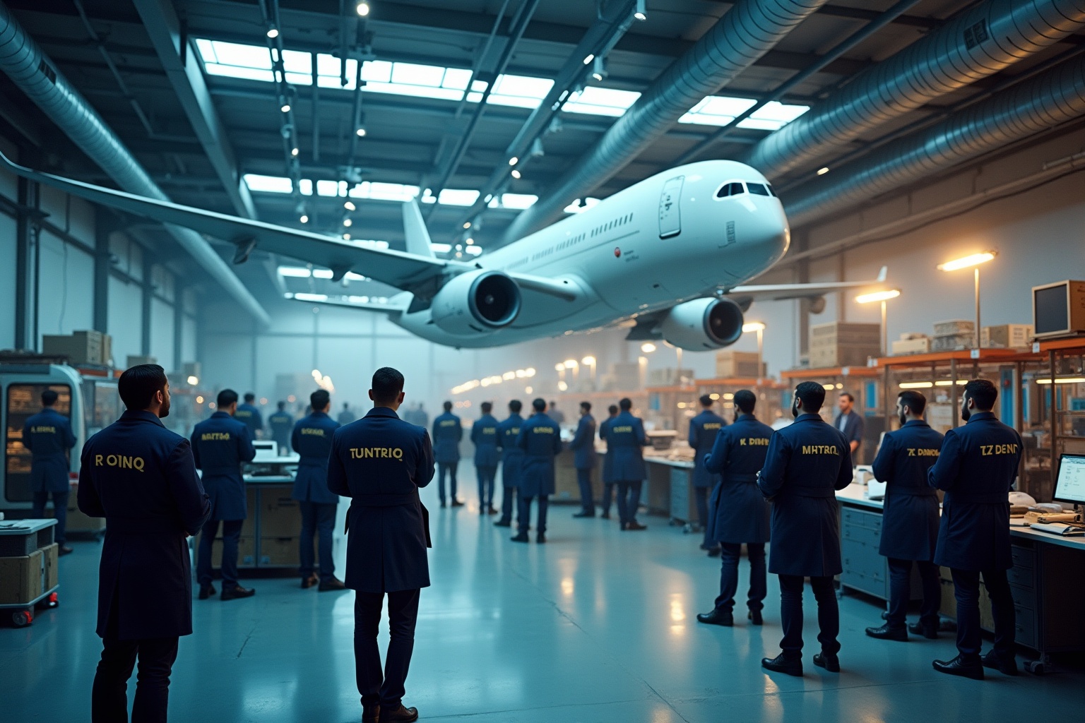 Avion de ligne suspendu dans un hangar avec des employés en uniforme.