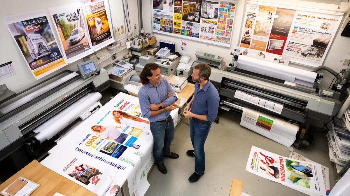 Deux hommes discutant dans un atelier d'impression avec des machines et des affiches.