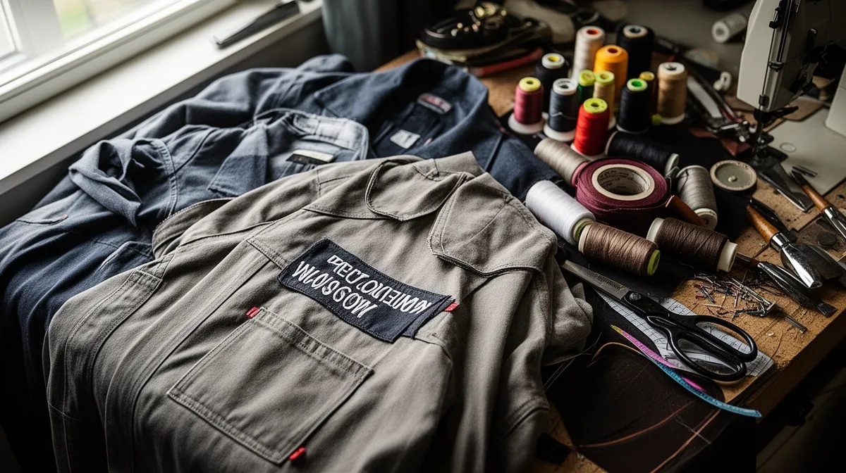 Vêtements de travail, outils de couture et accessoires sur une surface en bois.