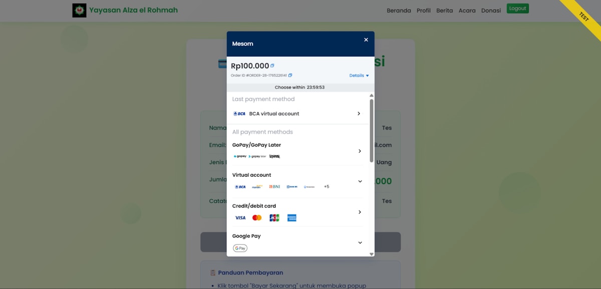 Formulaire de paiement en ligne avec diverses options de paiement.