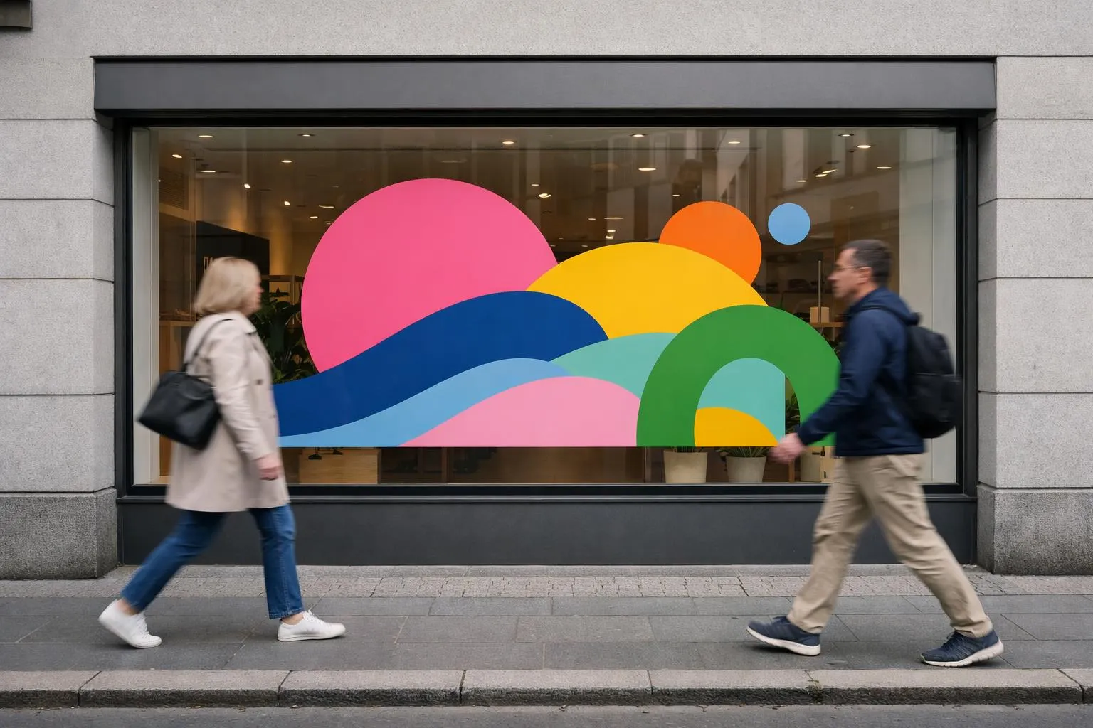 Vitrine colorée avec des formes géométriques abstraites.